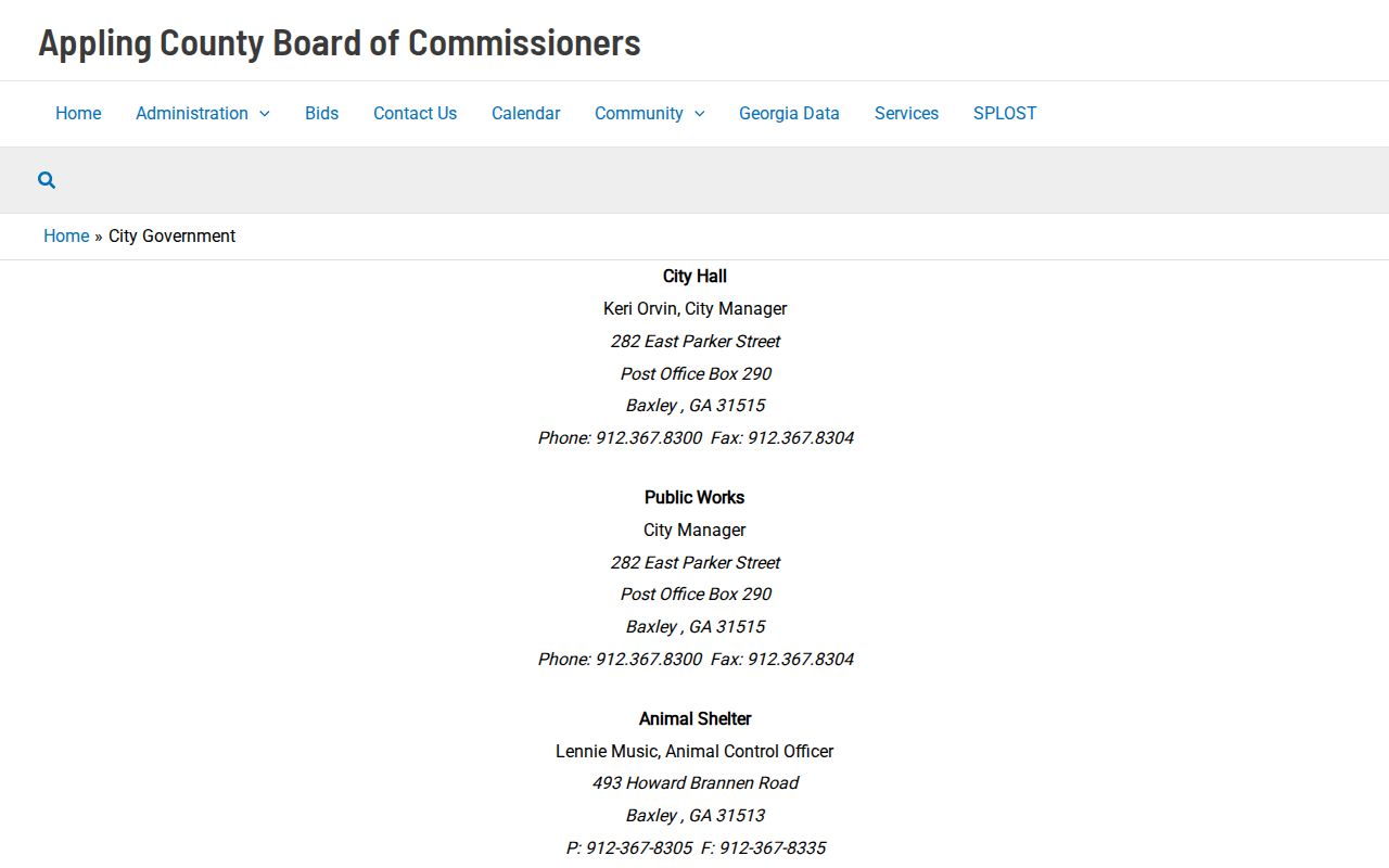 Official county directory entry used to verify Baxley court contact routing