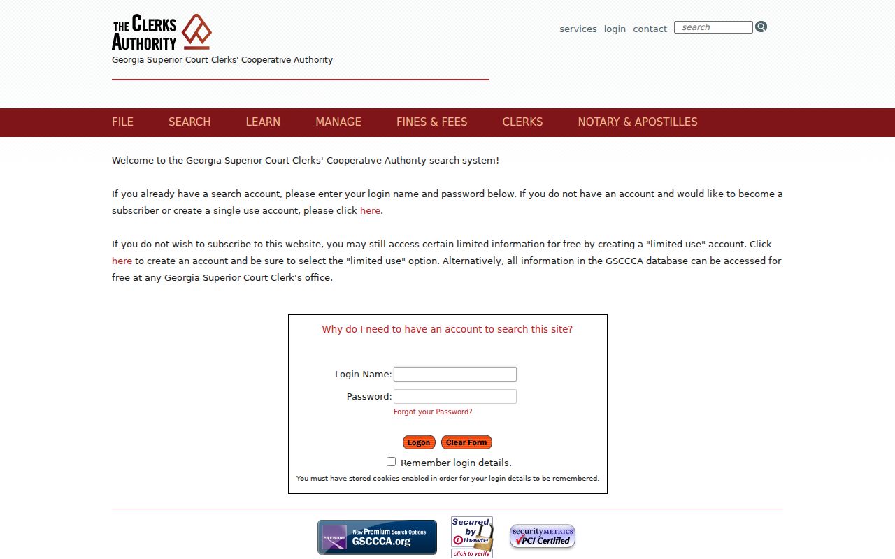 GSCCCA search-account login used as an Appling County clerk-office access reference