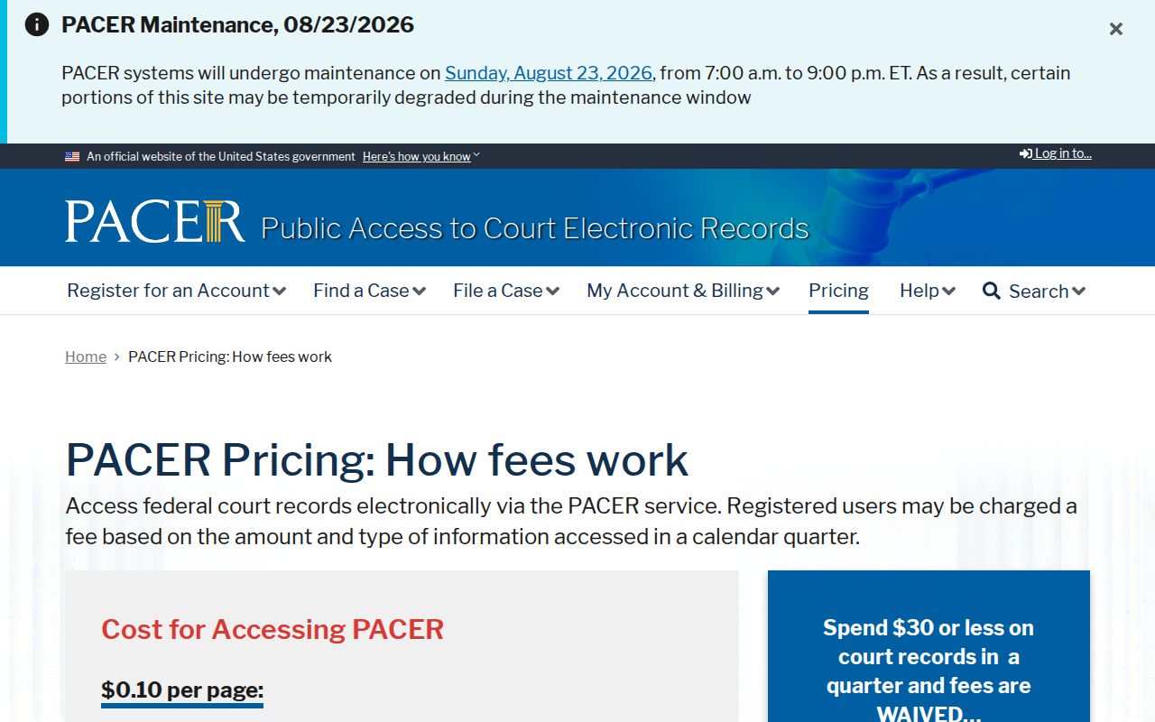Official PACER fee and waiver information for federal case lookup