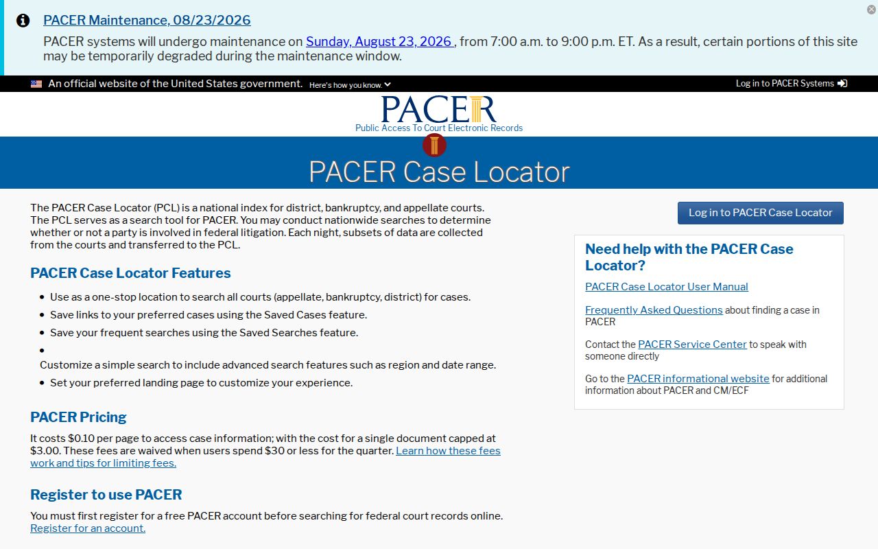 PACER Case Locator search for federal cases outside Appling County PeachCourt
