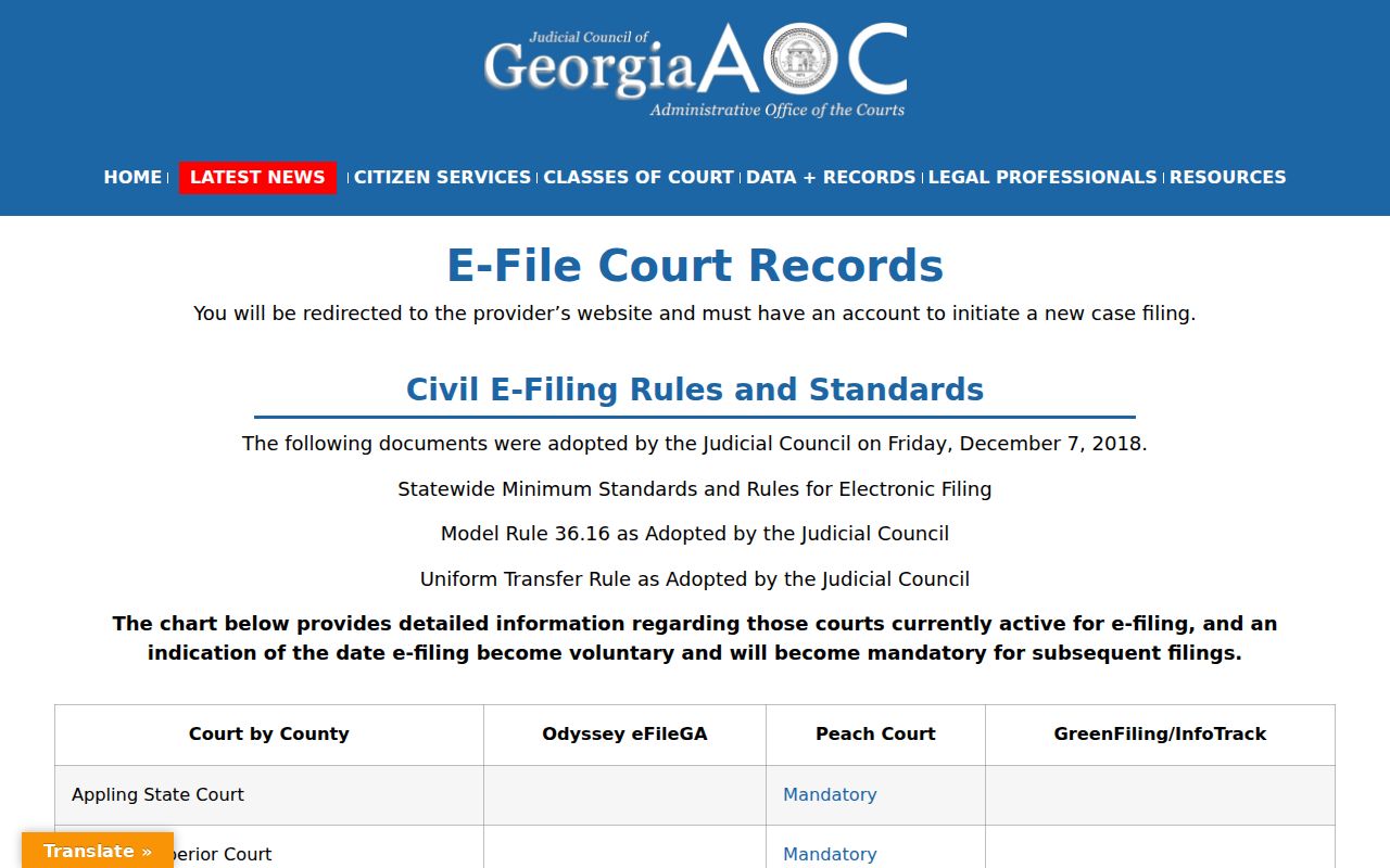 Appling County civil docket mandatory PeachCourt filing chart