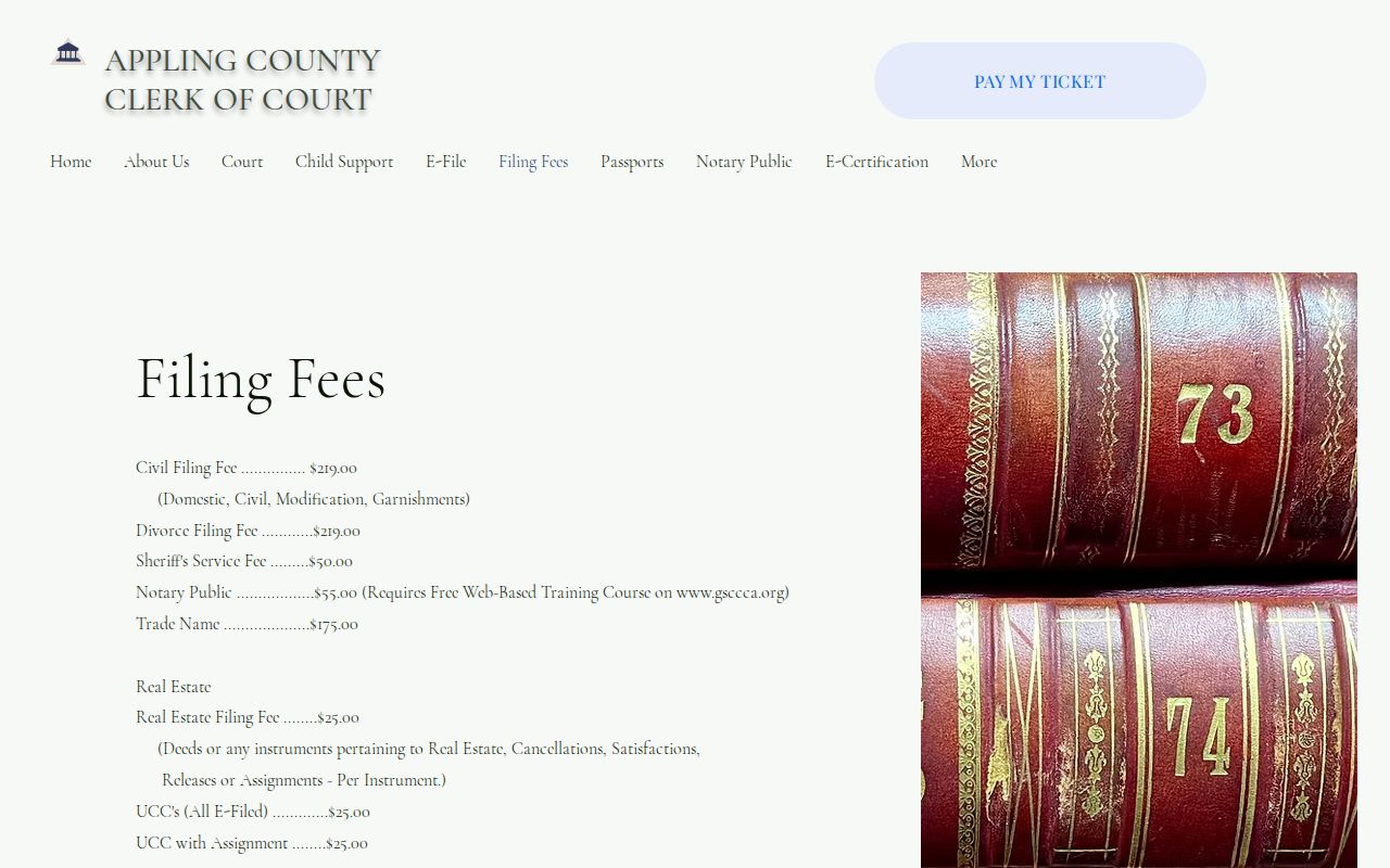 Appling County civil docket filing and service fee schedule