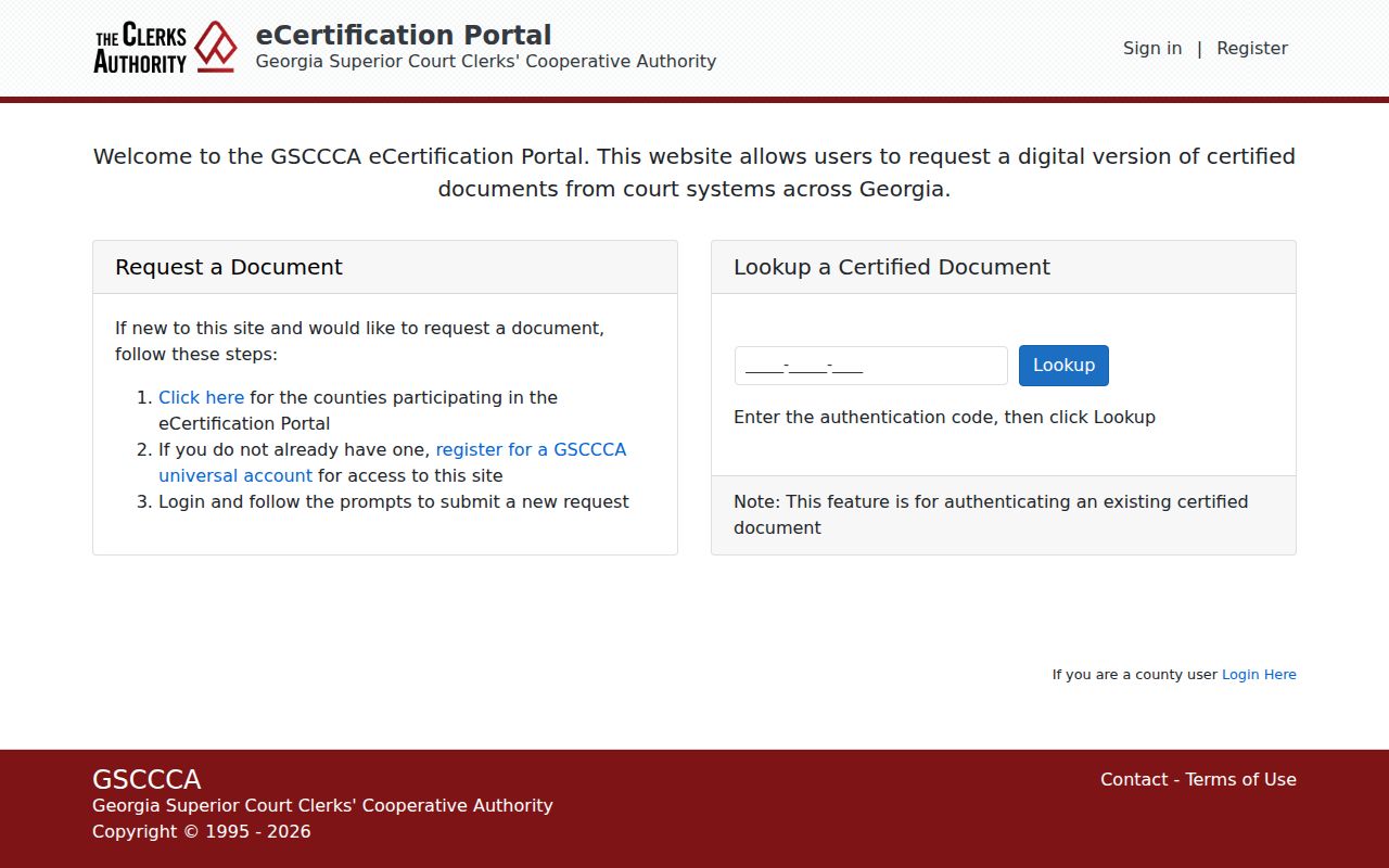 GSCCCA eCertification request portal for Appling County court records