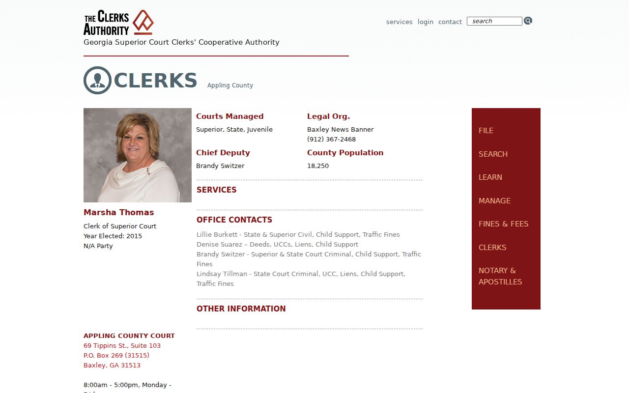 Appling County court docket official clerk profile